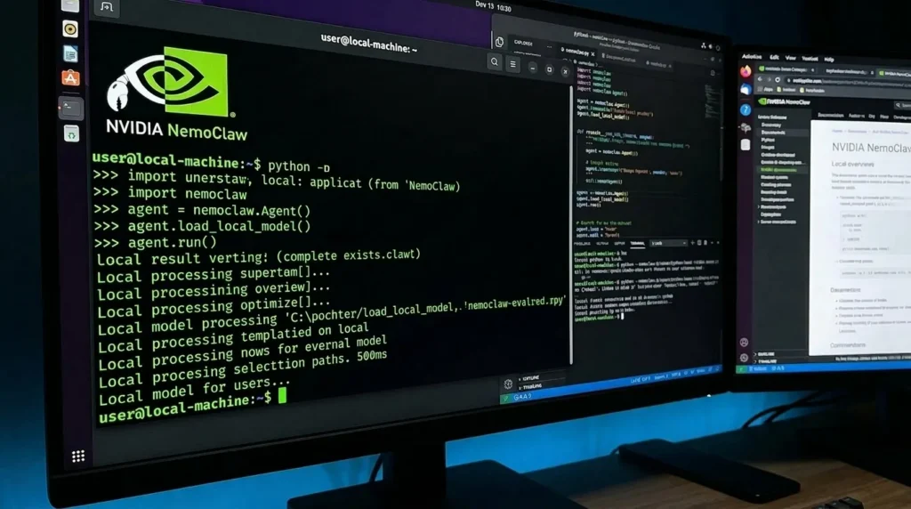 Logo de NVIDIA NemoClaw junto a una terminal ejecutando código localmente